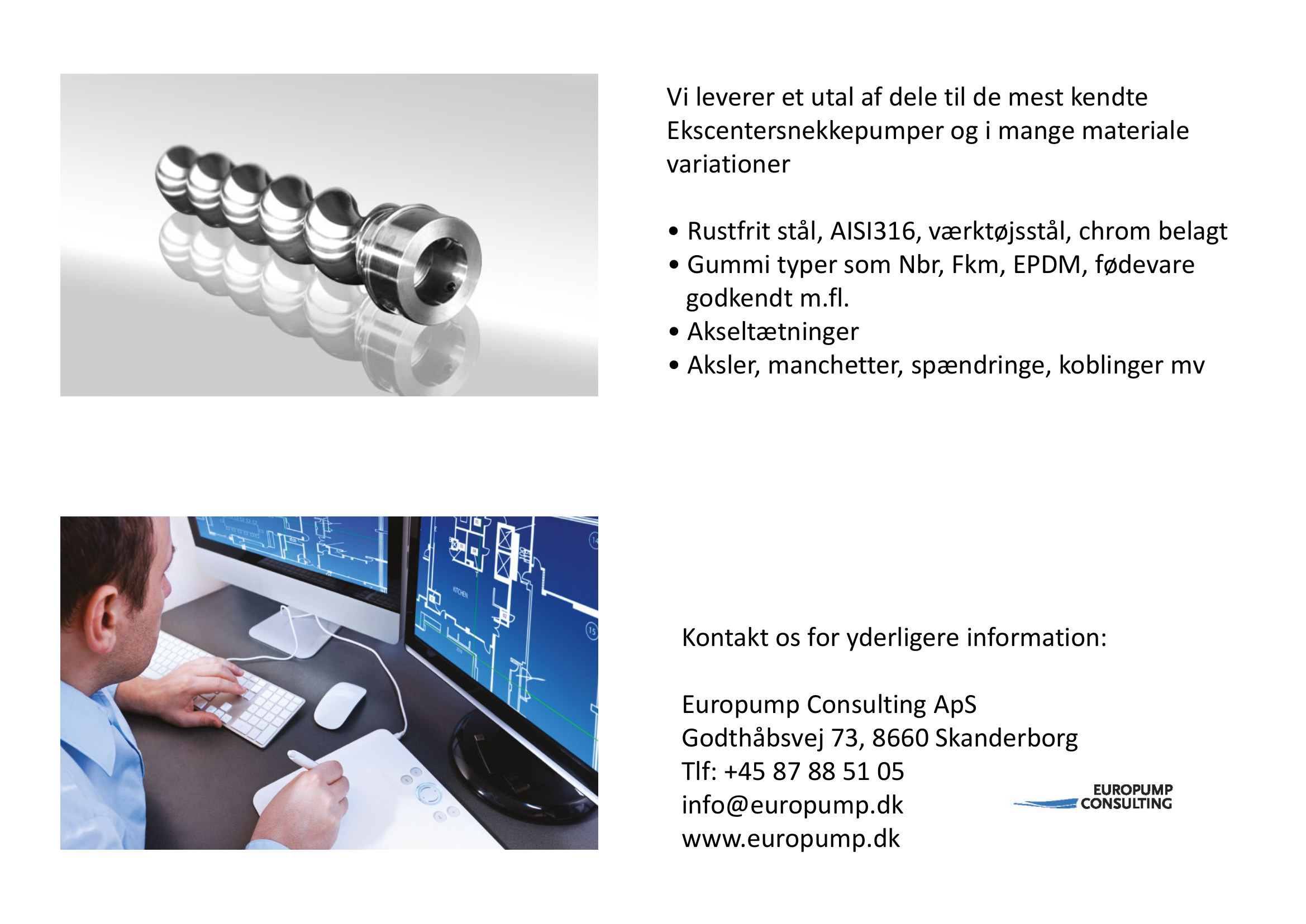 Europump sliddele, materialer og kontaktoplysninger